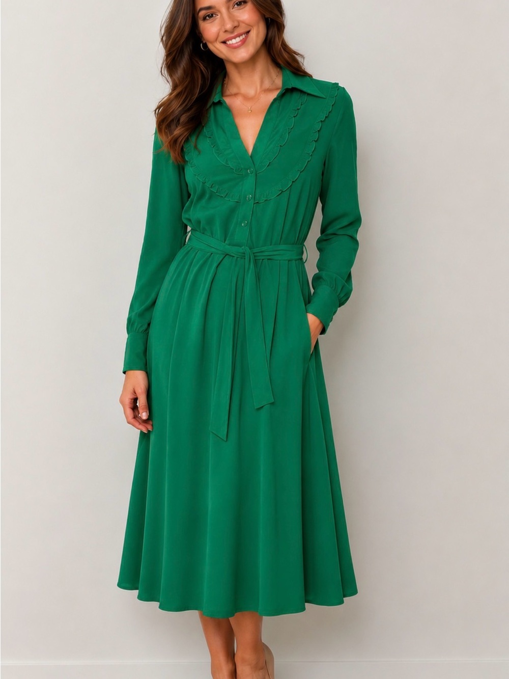 BCBGMaxAzria Emerald Green Long-Sleeve Midi Shirt Dress with Waist Tie